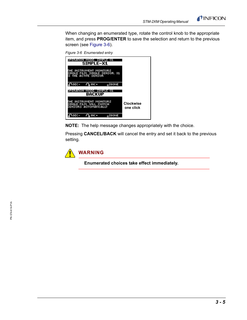 Warning, Enumerated choices take effect immediately | INFICON STM-2XM 2-Channel Rate/Thickness Monitor User Manual | Page 41 / 146