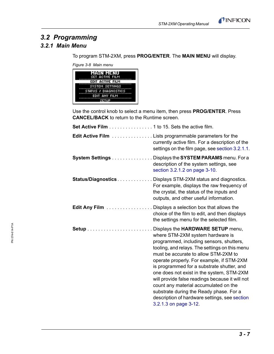 2 programming, 1 main menu | INFICON STM-2XM 2-Channel Rate/Thickness Monitor User Manual | Page 43 / 146