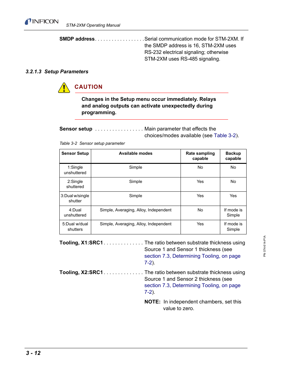 3 setup parameters, Section, Caution | INFICON STM-2XM 2-Channel Rate/Thickness Monitor User Manual | Page 48 / 146