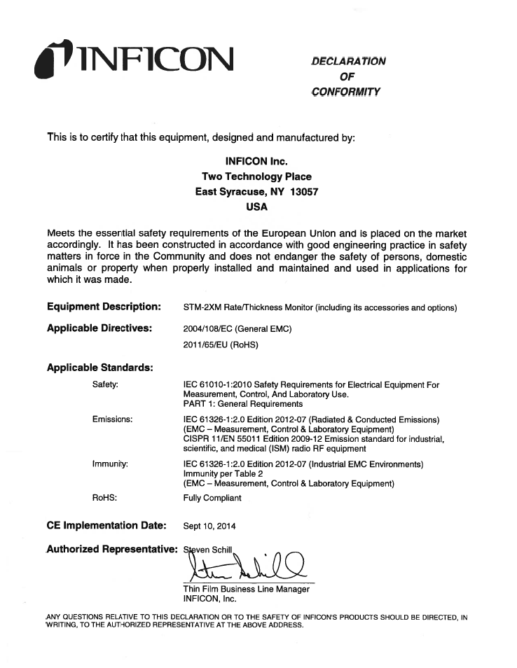 Declaration of conformity | INFICON STM-2XM 2-Channel Rate/Thickness Monitor User Manual | Page 5 / 146