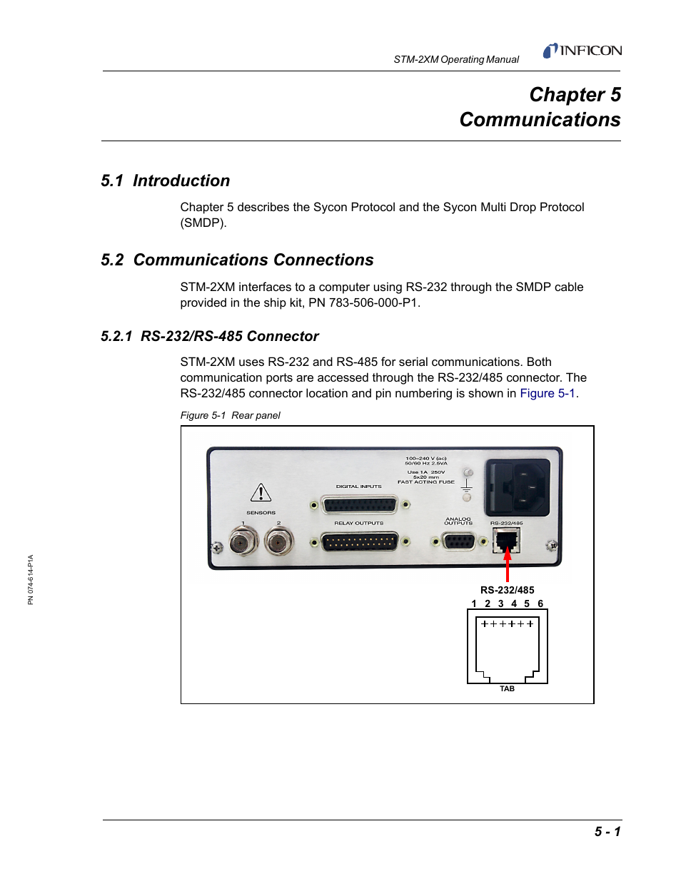Chapter 5 communications, 1 introduction, 2 communications connections | 1 rs-232/rs-485 connector, Chapter 5, Chapter 5, communications | INFICON STM-2XM 2-Channel Rate/Thickness Monitor User Manual | Page 81 / 146