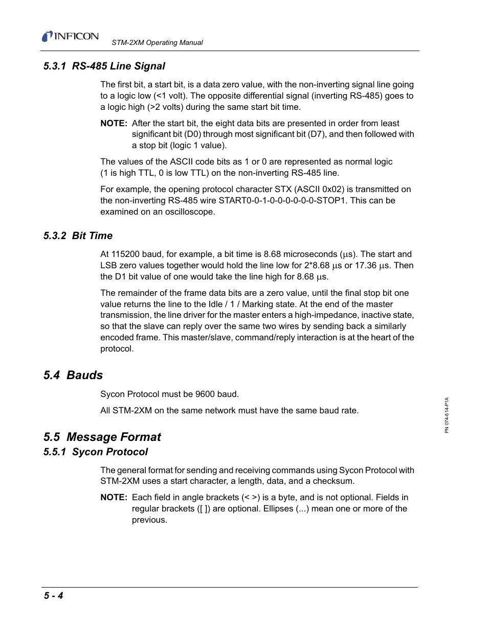 1 rs-485 line signal, 2 bit time, 4 bauds | 5 message format, 1 sycon protocol | INFICON STM-2XM 2-Channel Rate/Thickness Monitor User Manual | Page 84 / 146