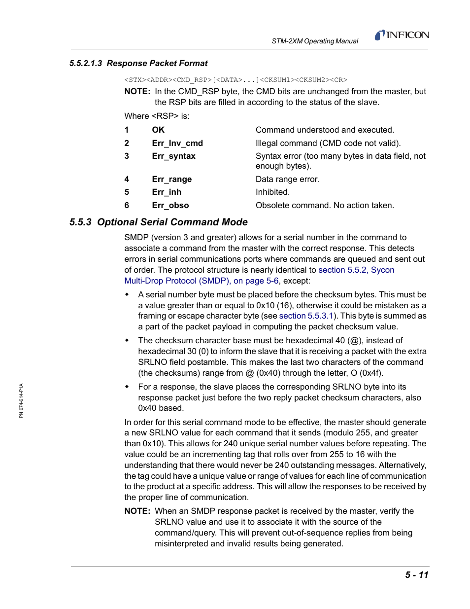 3 response packet format, 3 optional serial command mode, Section 5.5.2.1.3 | INFICON STM-2XM 2-Channel Rate/Thickness Monitor User Manual | Page 91 / 146