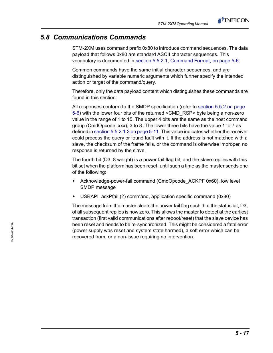 8 communications commands, Section 5.8 on | INFICON STM-2XM 2-Channel Rate/Thickness Monitor User Manual | Page 97 / 146