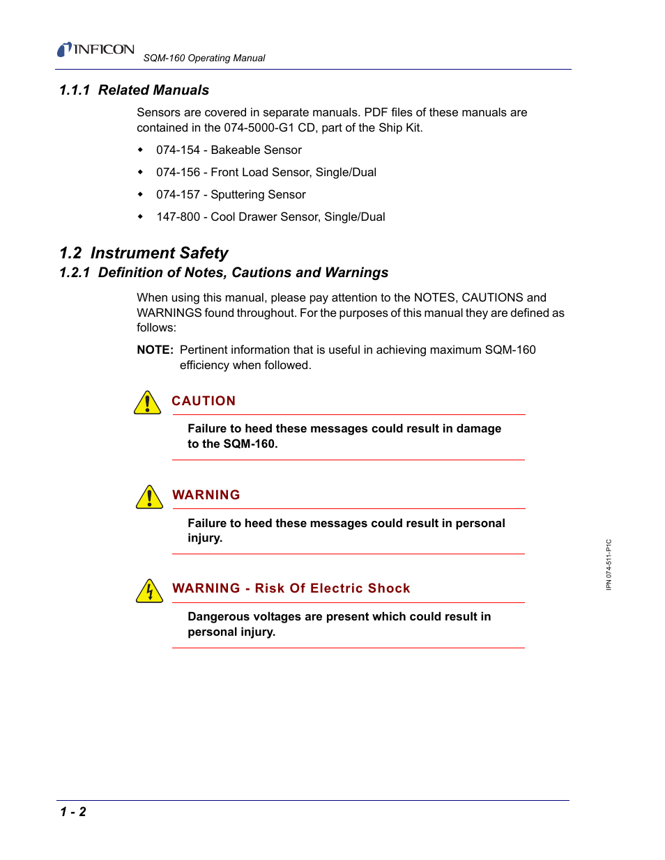 1 related manuals, 2 instrument safety, 1 definition of notes, cautions and warnings | INFICON SQM-160 Thin Film Deposition Monitor User Manual | Page 14 / 120