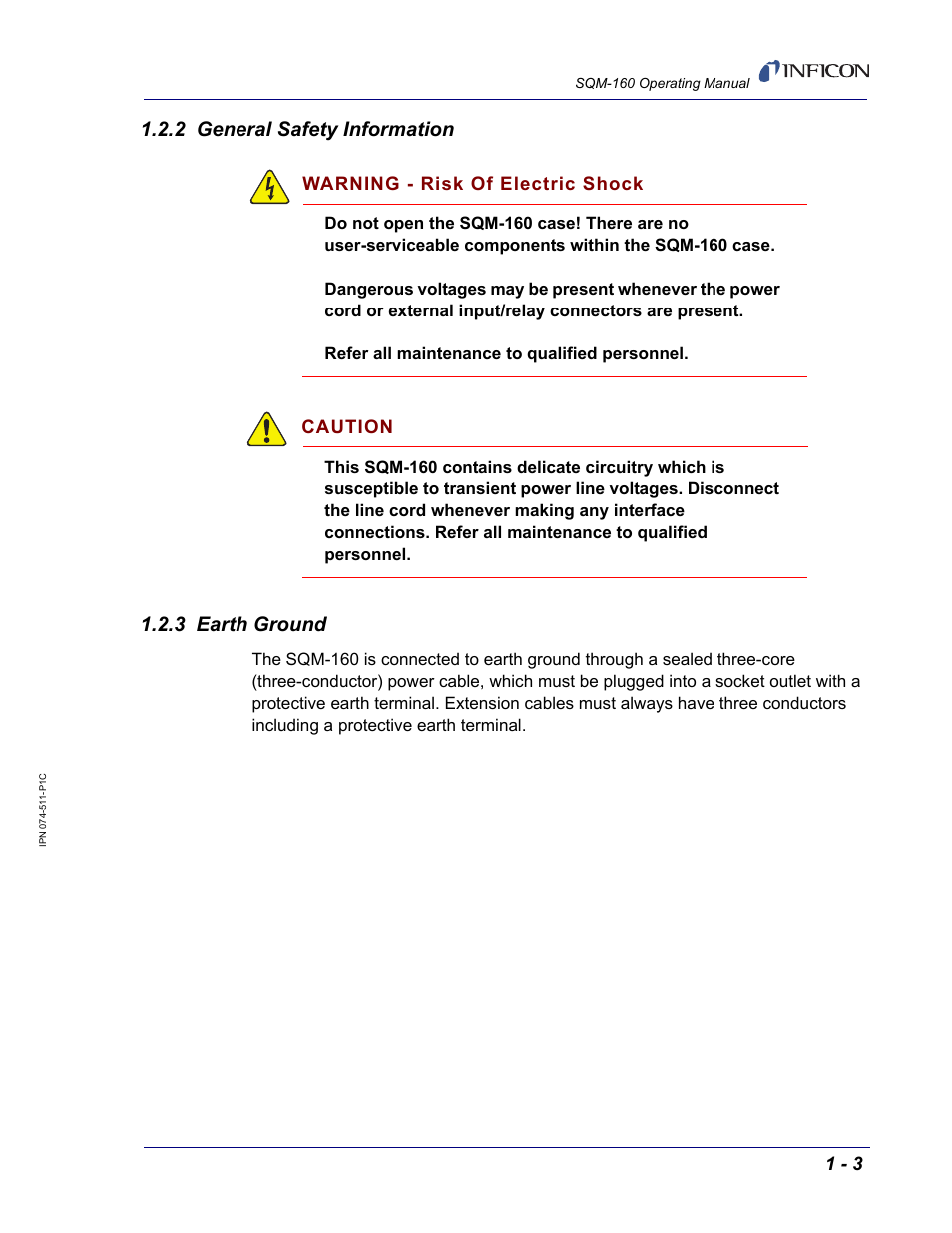 2 general safety information, 3 earth ground, Warning - risk of electric shock | Caution | INFICON SQM-160 Thin Film Deposition Monitor User Manual | Page 15 / 120