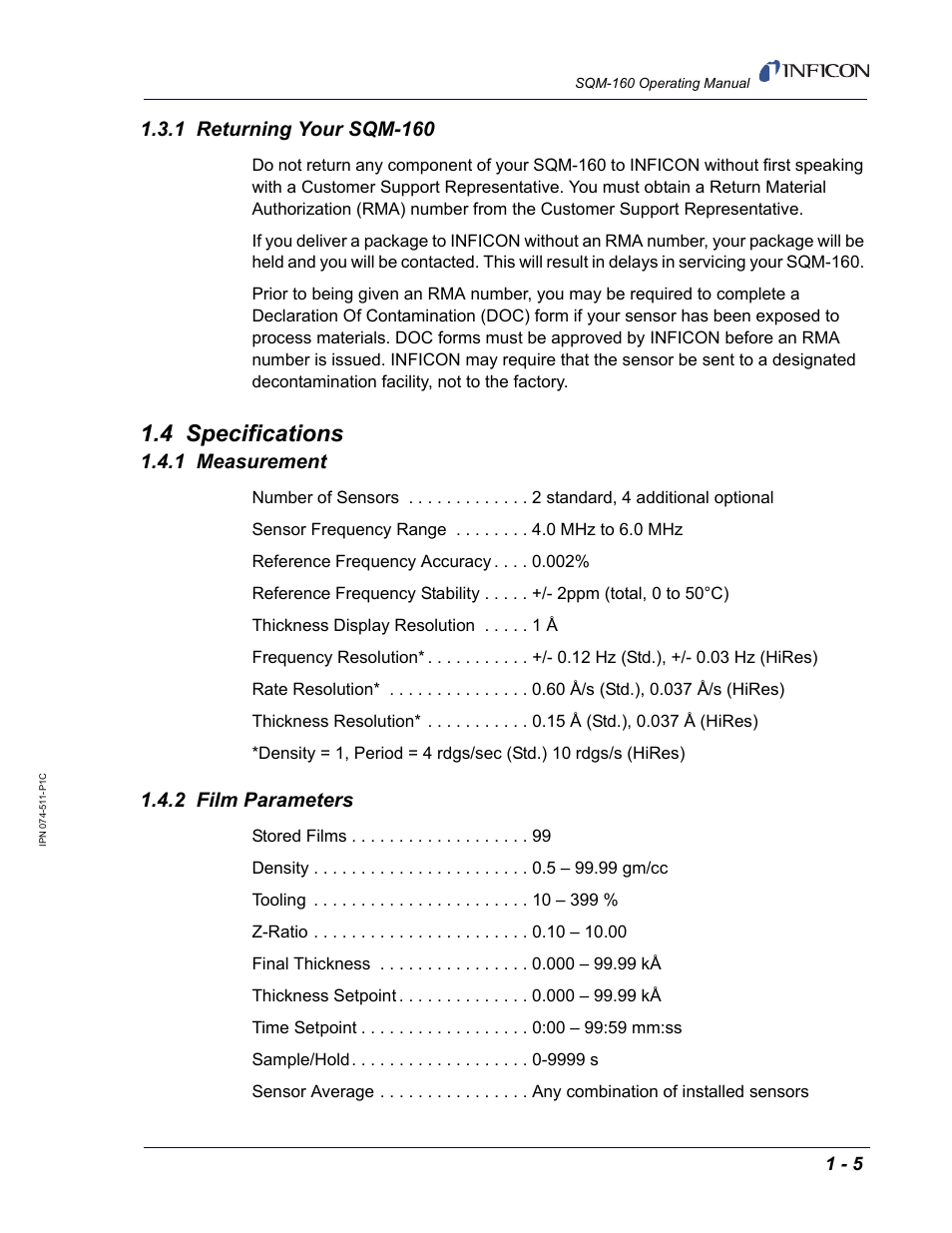 1 returning your sqm-160, 4 specifications, 1 measurement | 2 film parameters | INFICON SQM-160 Thin Film Deposition Monitor User Manual | Page 17 / 120