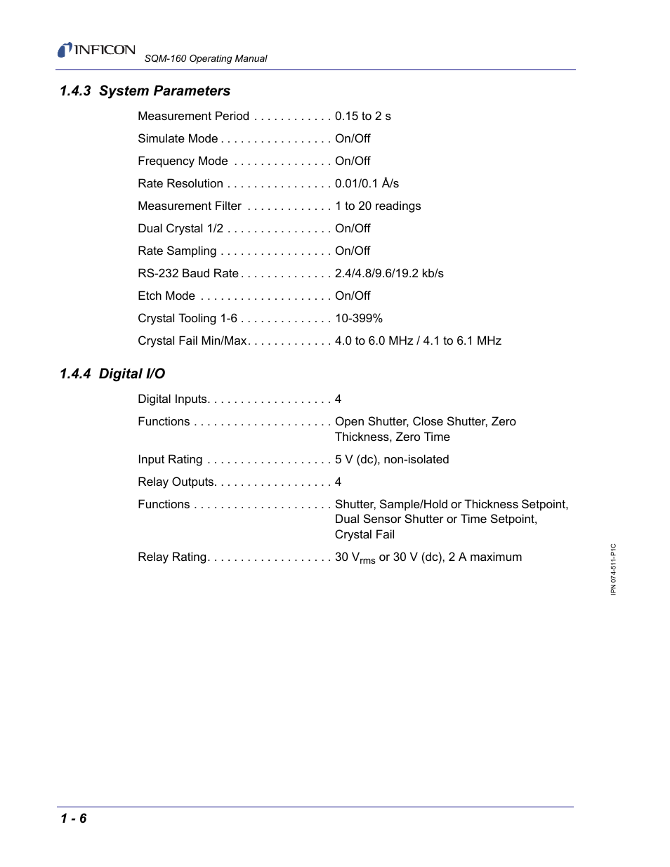 3 system parameters, 4 digital i/o | INFICON SQM-160 Thin Film Deposition Monitor User Manual | Page 18 / 120