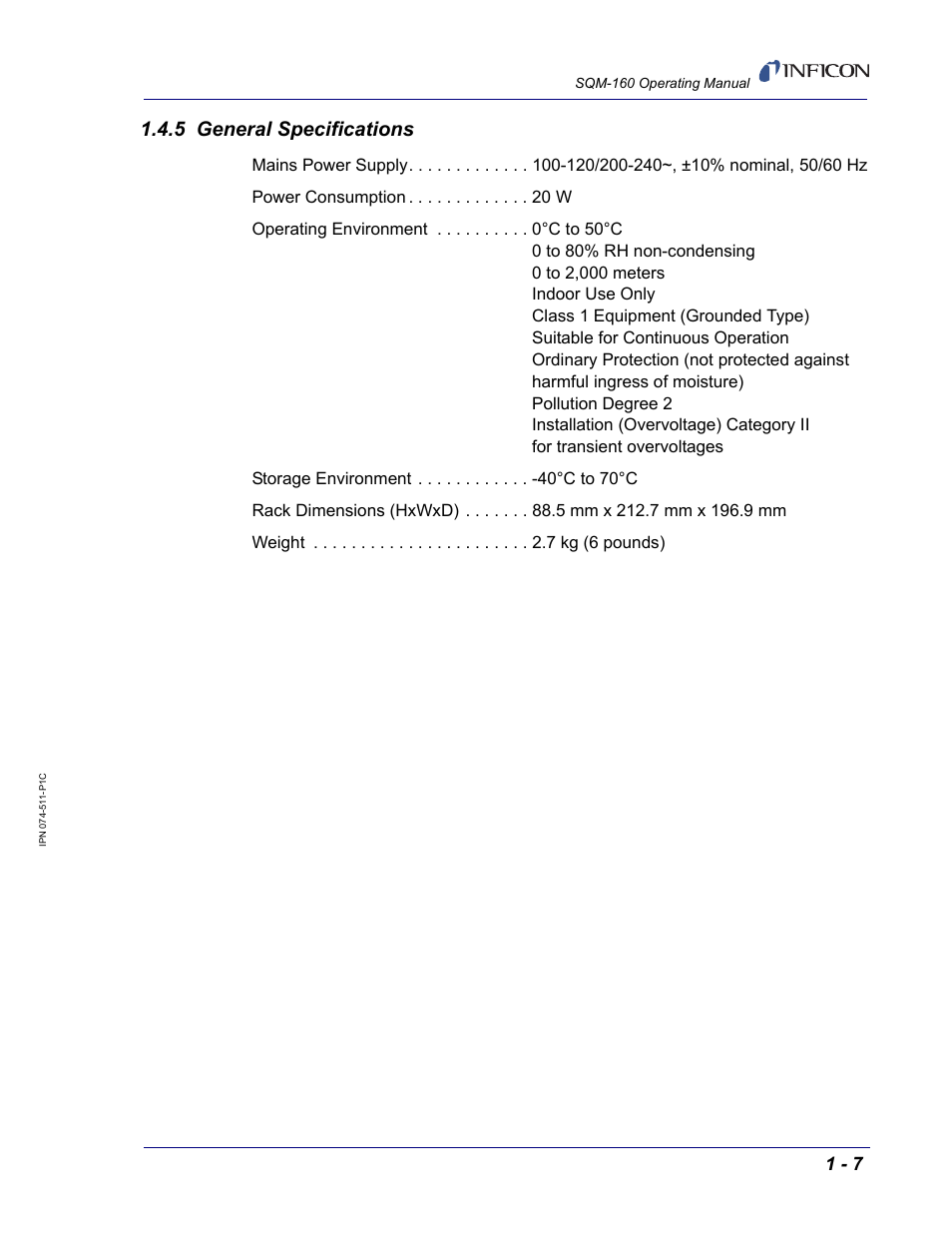 5 general specifications | INFICON SQM-160 Thin Film Deposition Monitor User Manual | Page 19 / 120