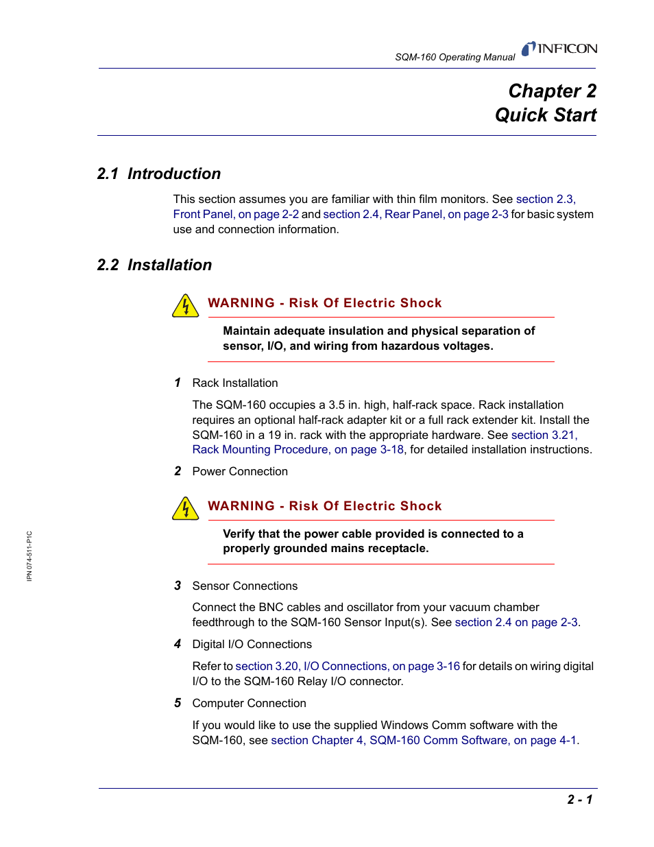 Chapter 2 quick start, 1 introduction, 2 installation | Chapter 2, Chapter 2, quick start | INFICON SQM-160 Thin Film Deposition Monitor User Manual | Page 23 / 120