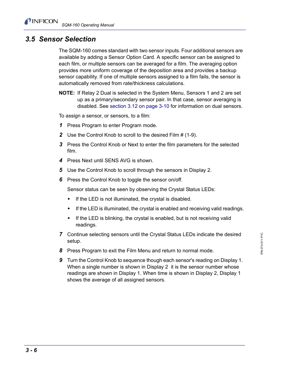 5 sensor selection, Or(s). see, Section 3.5 on | INFICON SQM-160 Thin Film Deposition Monitor User Manual | Page 36 / 120