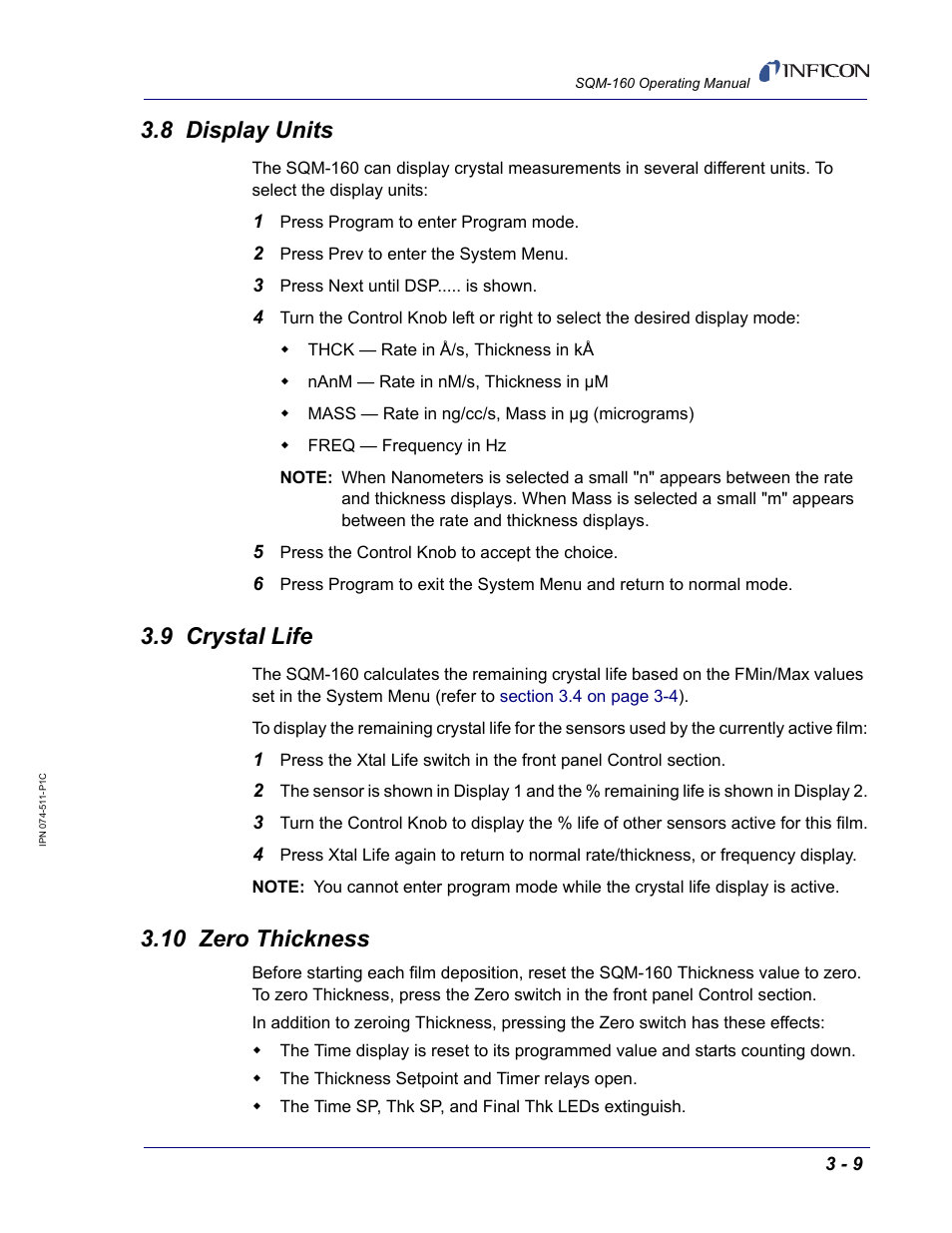 8 display units, 9 crystal life, 10 zero thickness | INFICON SQM-160 Thin Film Deposition Monitor User Manual | Page 39 / 120