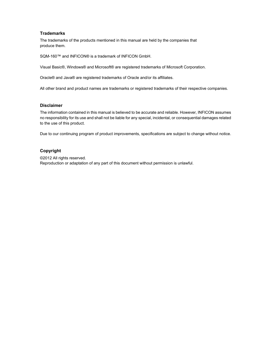 Trademarks, Disclaimer, Copyright | INFICON SQM-160 Thin Film Deposition Monitor User Manual | Page 4 / 120
