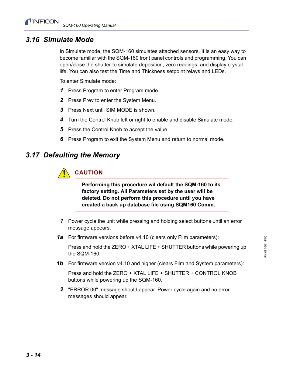 16 simulate mode, 17 defaulting the memory | INFICON SQM-160 Thin Film Deposition Monitor User Manual | Page 44 / 120