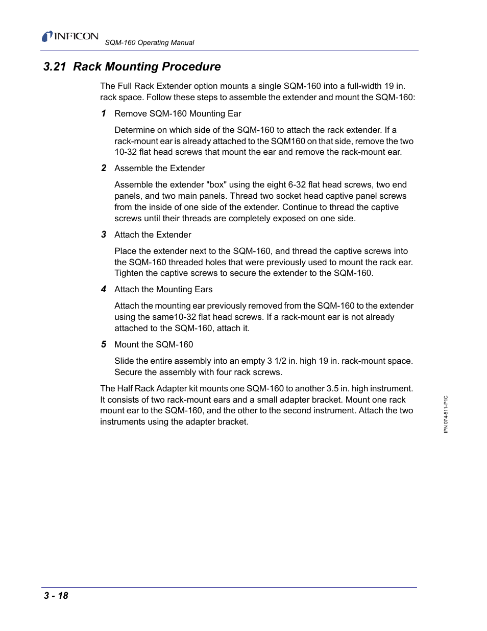 21 rack mounting procedure, E. see, Section 3.21 | INFICON SQM-160 Thin Film Deposition Monitor User Manual | Page 48 / 120