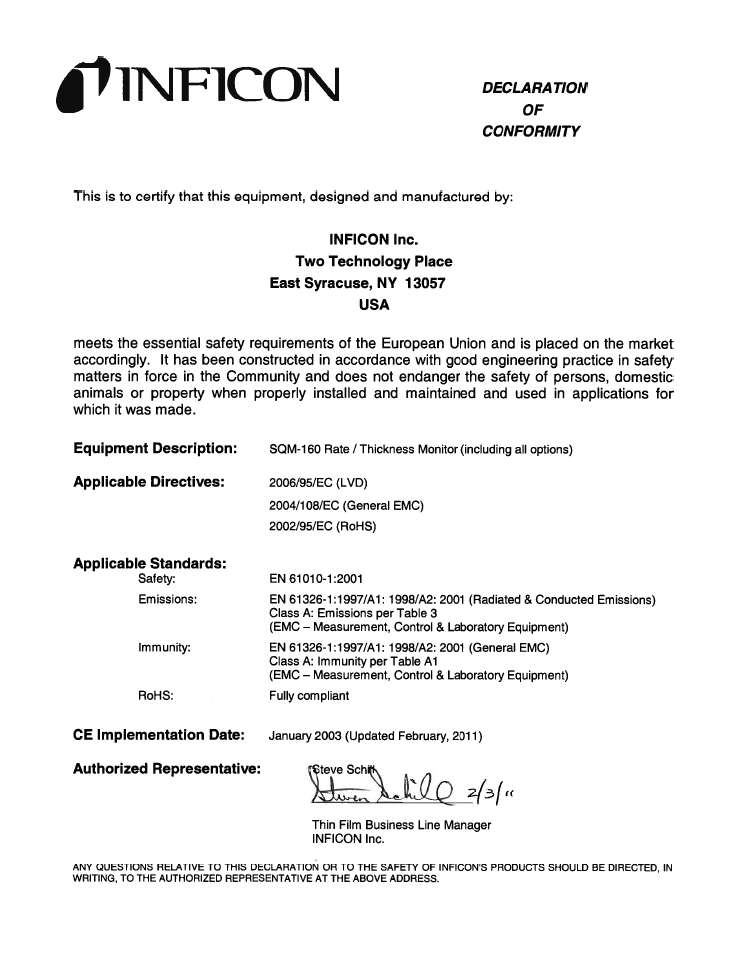 Declaration of conformity | INFICON SQM-160 Thin Film Deposition Monitor User Manual | Page 5 / 120