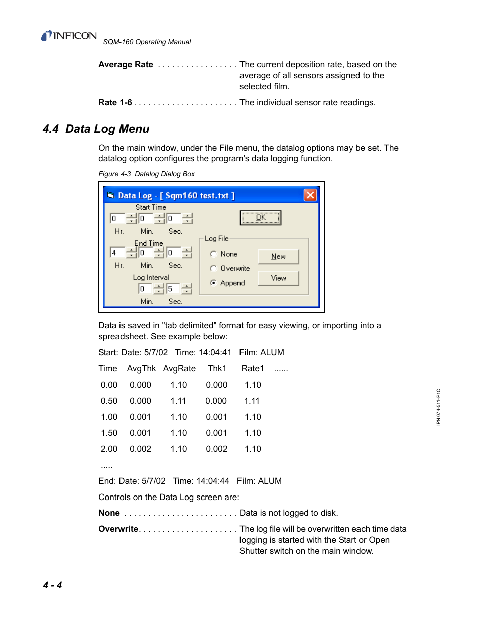 4 data log menu | INFICON SQM-160 Thin Film Deposition Monitor User Manual | Page 52 / 120