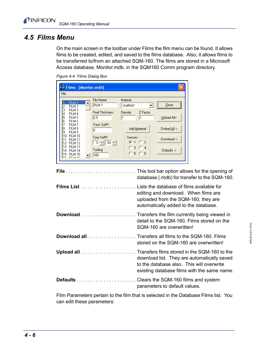 5 films menu, Section 4.5 | INFICON SQM-160 Thin Film Deposition Monitor User Manual | Page 54 / 120
