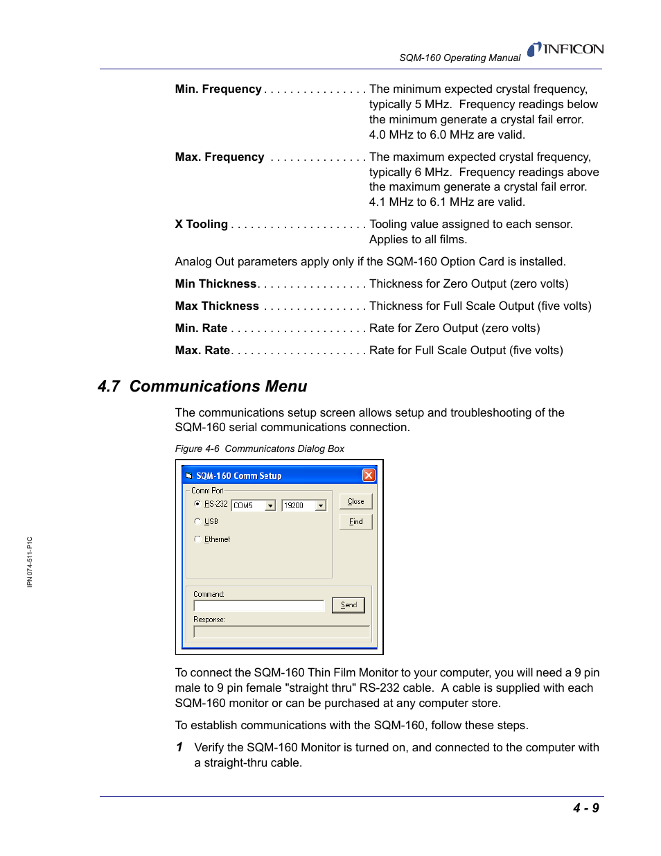 7 communications menu, Ns in, Section 4.7, communications | INFICON SQM-160 Thin Film Deposition Monitor User Manual | Page 57 / 120