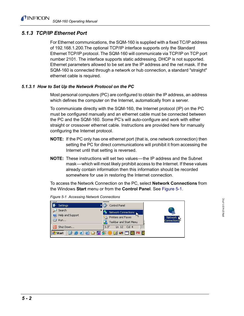 3 tcp/ip ethernet port, 1 how to set up the network protocol on the pc | INFICON SQM-160 Thin Film Deposition Monitor User Manual | Page 62 / 120