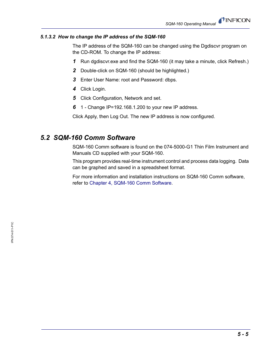 2 how to change the ip address of the sqm-160, 2 sqm-160 comm software | INFICON SQM-160 Thin Film Deposition Monitor User Manual | Page 65 / 120