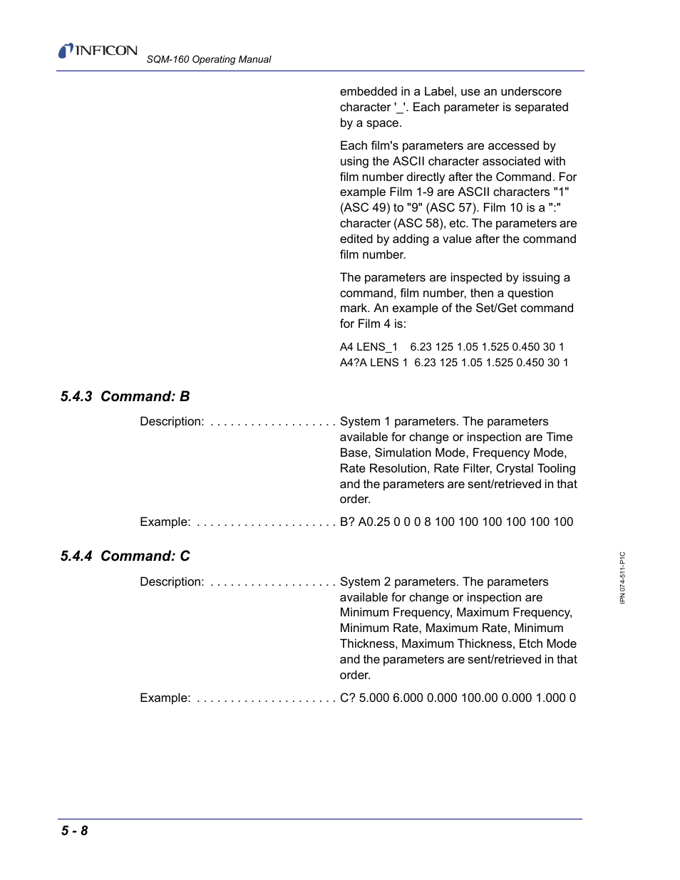 3 command: b, 4 command: c | INFICON SQM-160 Thin Film Deposition Monitor User Manual | Page 68 / 120