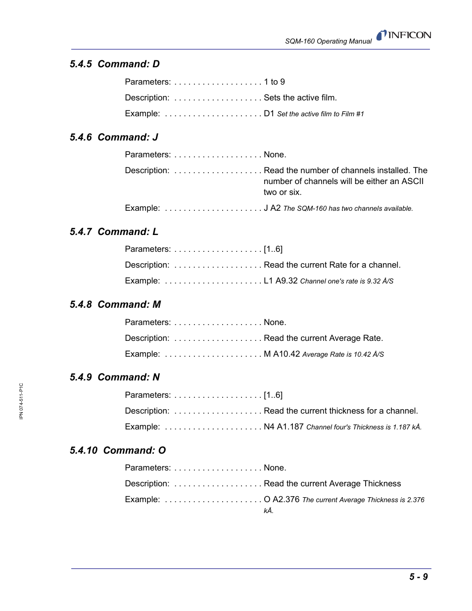 5 command: d, 6 command: j, 7 command: l | 8 command: m, 9 command: n, 10 command: o | INFICON SQM-160 Thin Film Deposition Monitor User Manual | Page 69 / 120