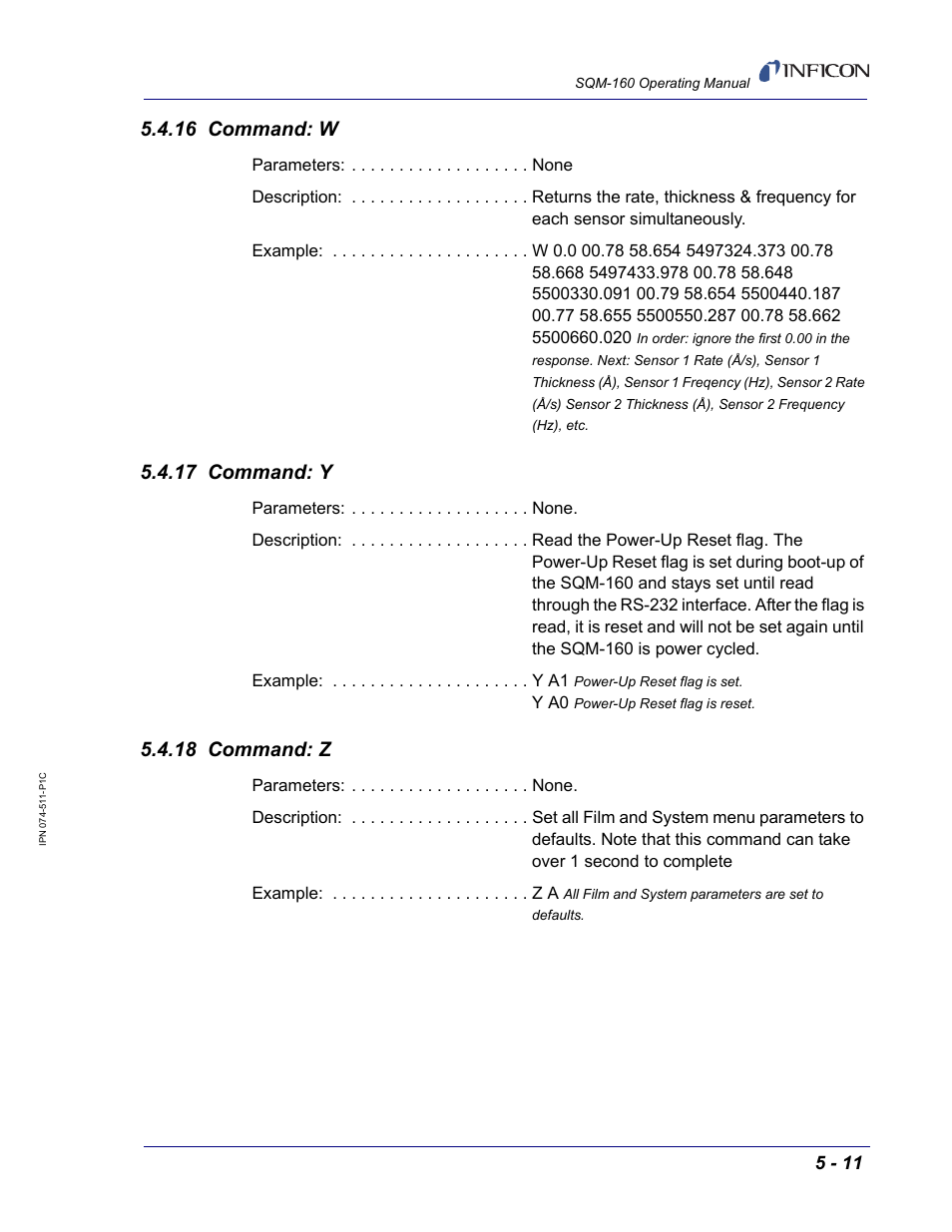 16 command: w, 17 command: y, 18 command: z | INFICON SQM-160 Thin Film Deposition Monitor User Manual | Page 71 / 120