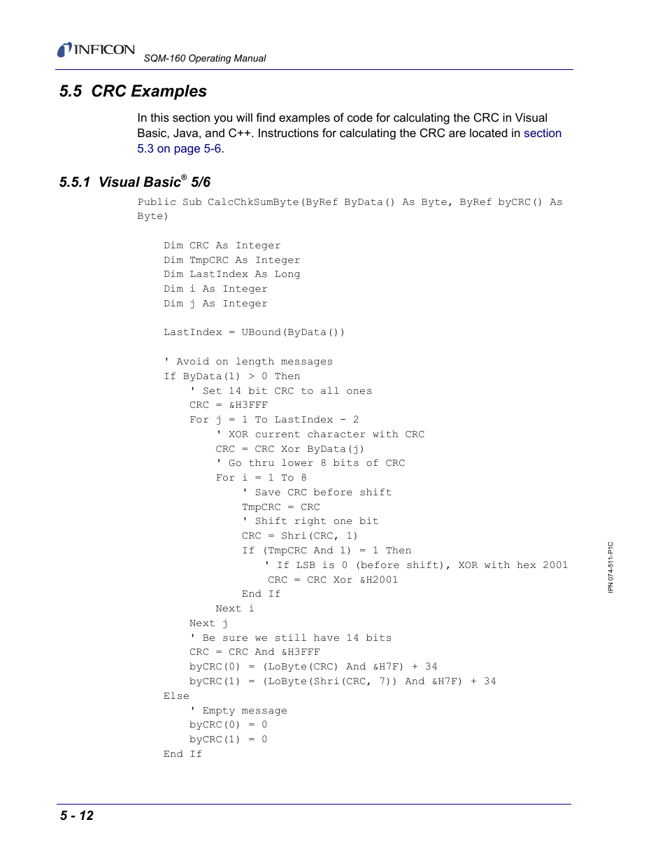 5 crc examples, 1 visual basic® 5/6, Found in | Section 5.5, crc examples, on, 1 visual basic | INFICON SQM-160 Thin Film Deposition Monitor User Manual | Page 72 / 120