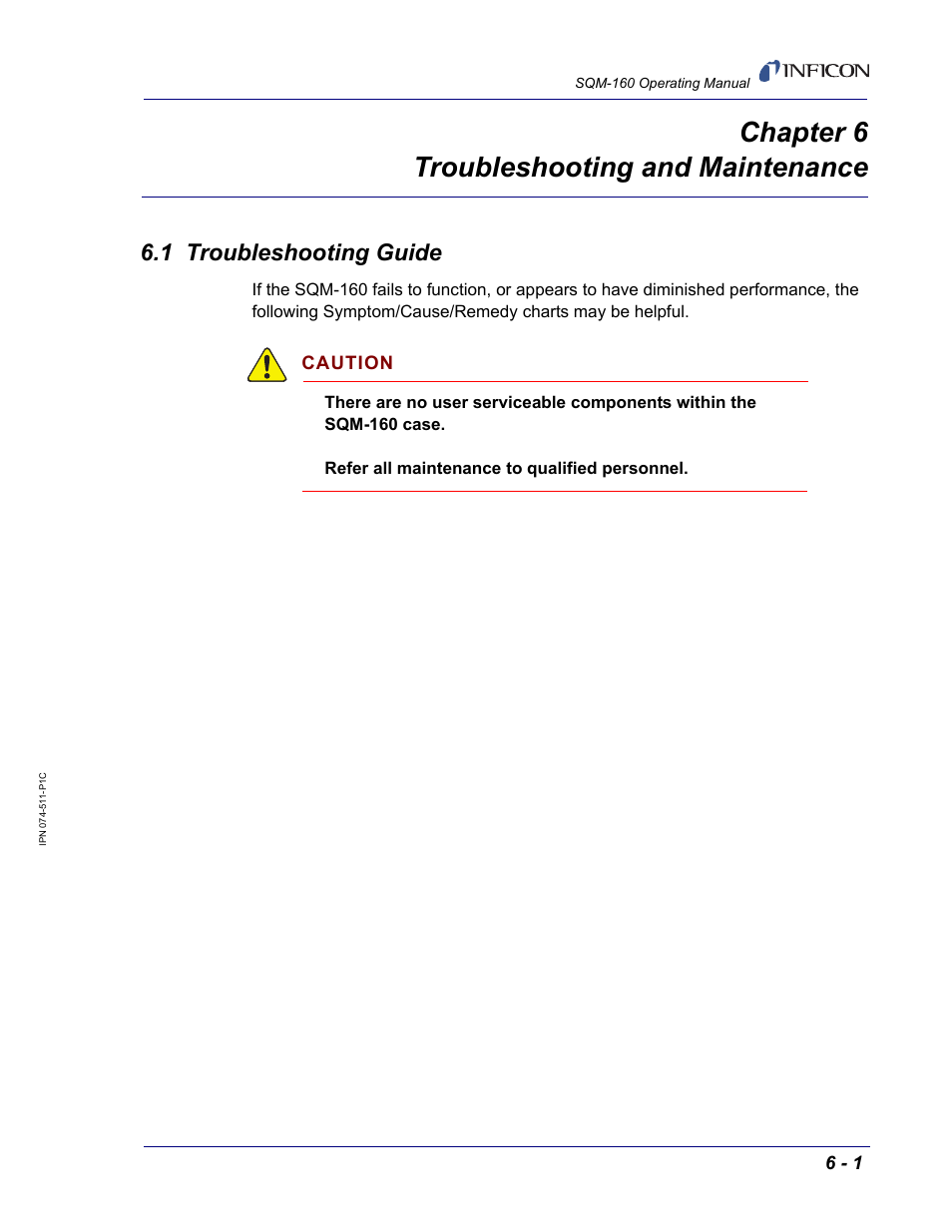 Chapter 6 troubleshooting and maintenance, 1 troubleshooting guide, Chapter 6 | INFICON SQM-160 Thin Film Deposition Monitor User Manual | Page 77 / 120
