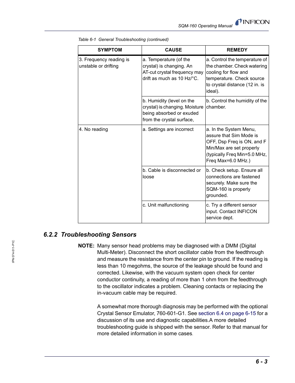 2 troubleshooting sensors, For a, Ections. see | Section | INFICON SQM-160 Thin Film Deposition Monitor User Manual | Page 79 / 120