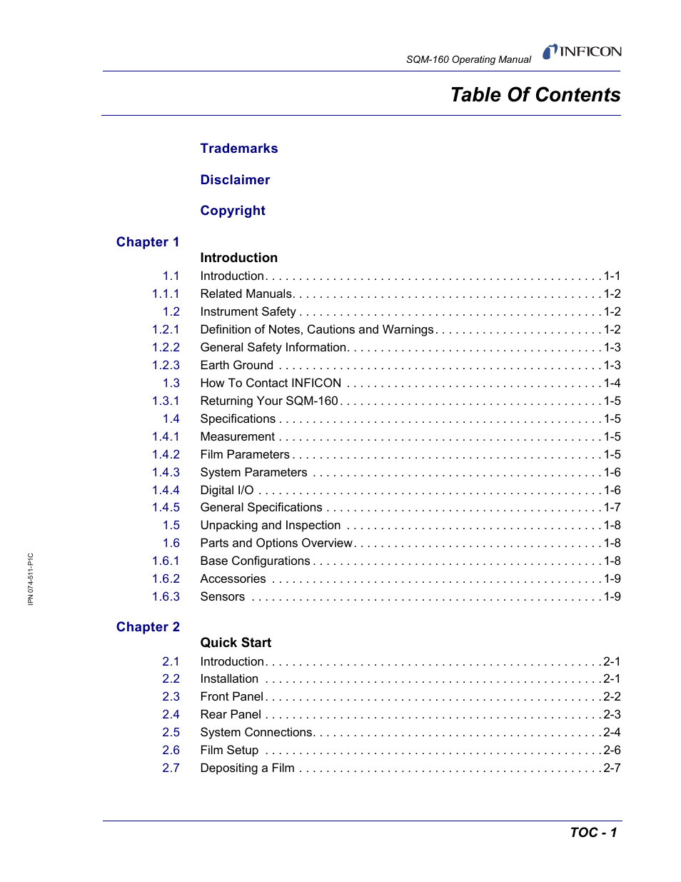 INFICON SQM-160 Thin Film Deposition Monitor User Manual | Page 9 / 120