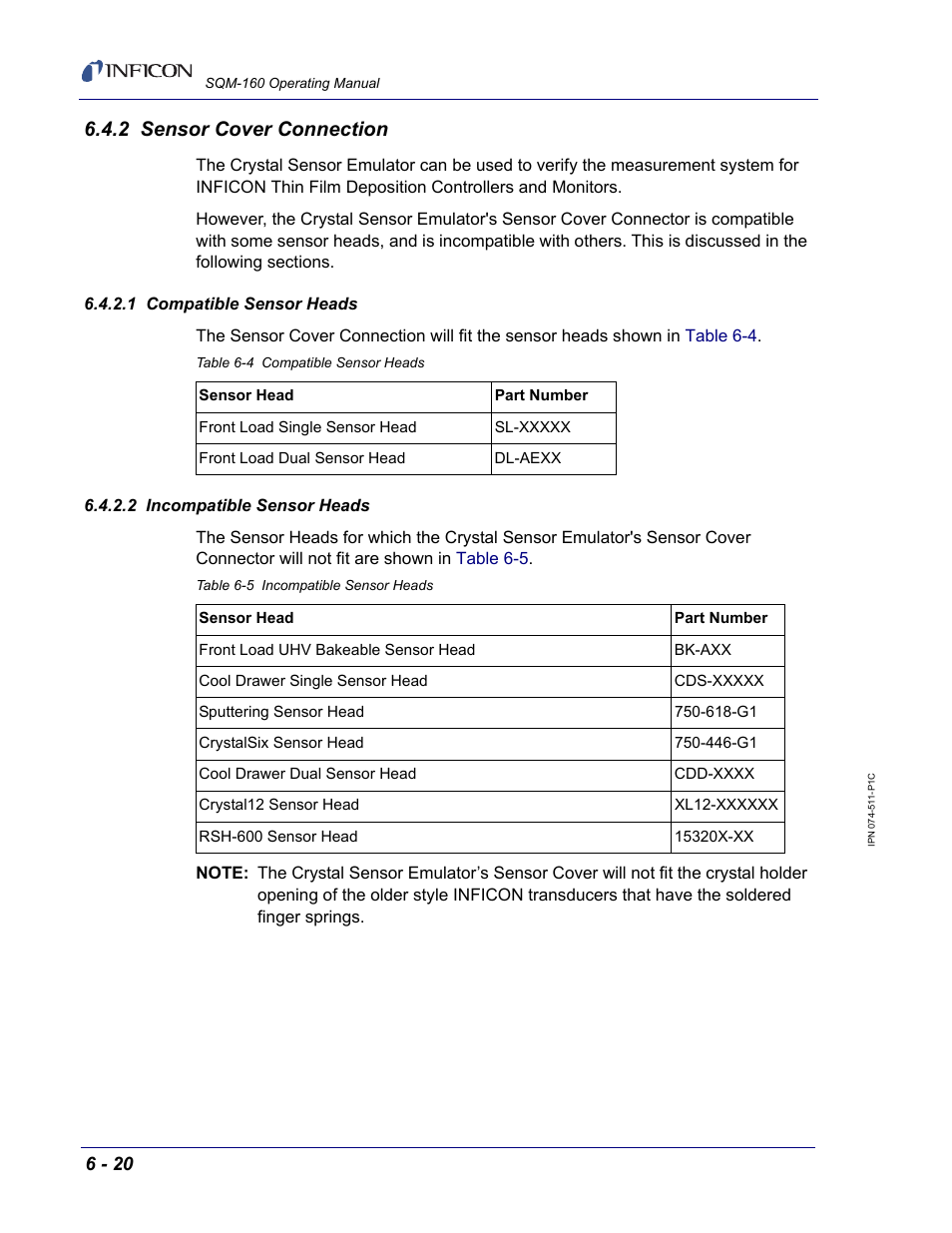2 sensor cover connection, 1 compatible sensor heads, 2 incompatible sensor heads | INFICON SQM-160 Thin Film Deposition Monitor User Manual | Page 96 / 120