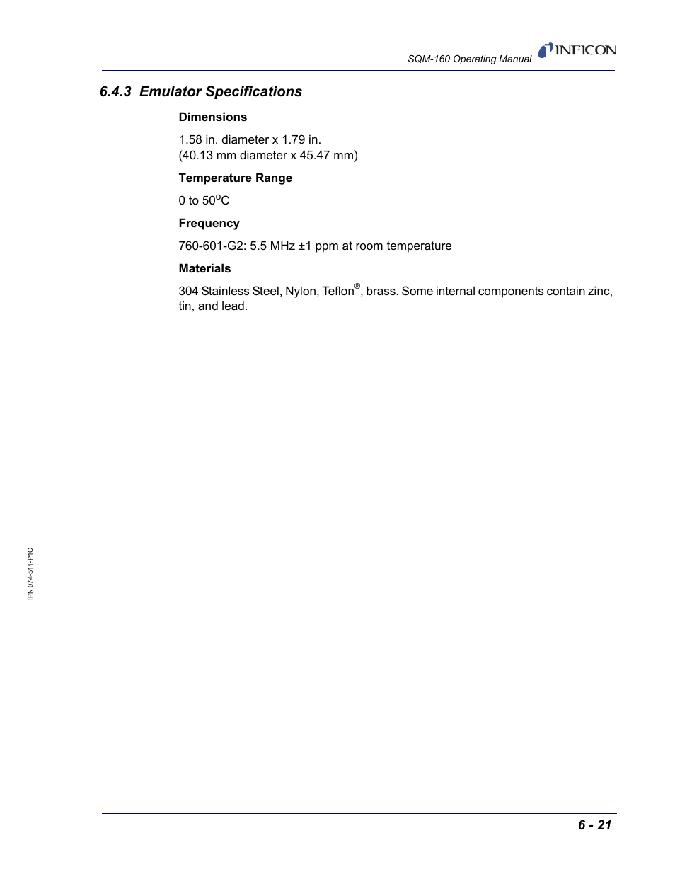 3 emulator specifications | INFICON SQM-160 Thin Film Deposition Monitor User Manual | Page 97 / 120