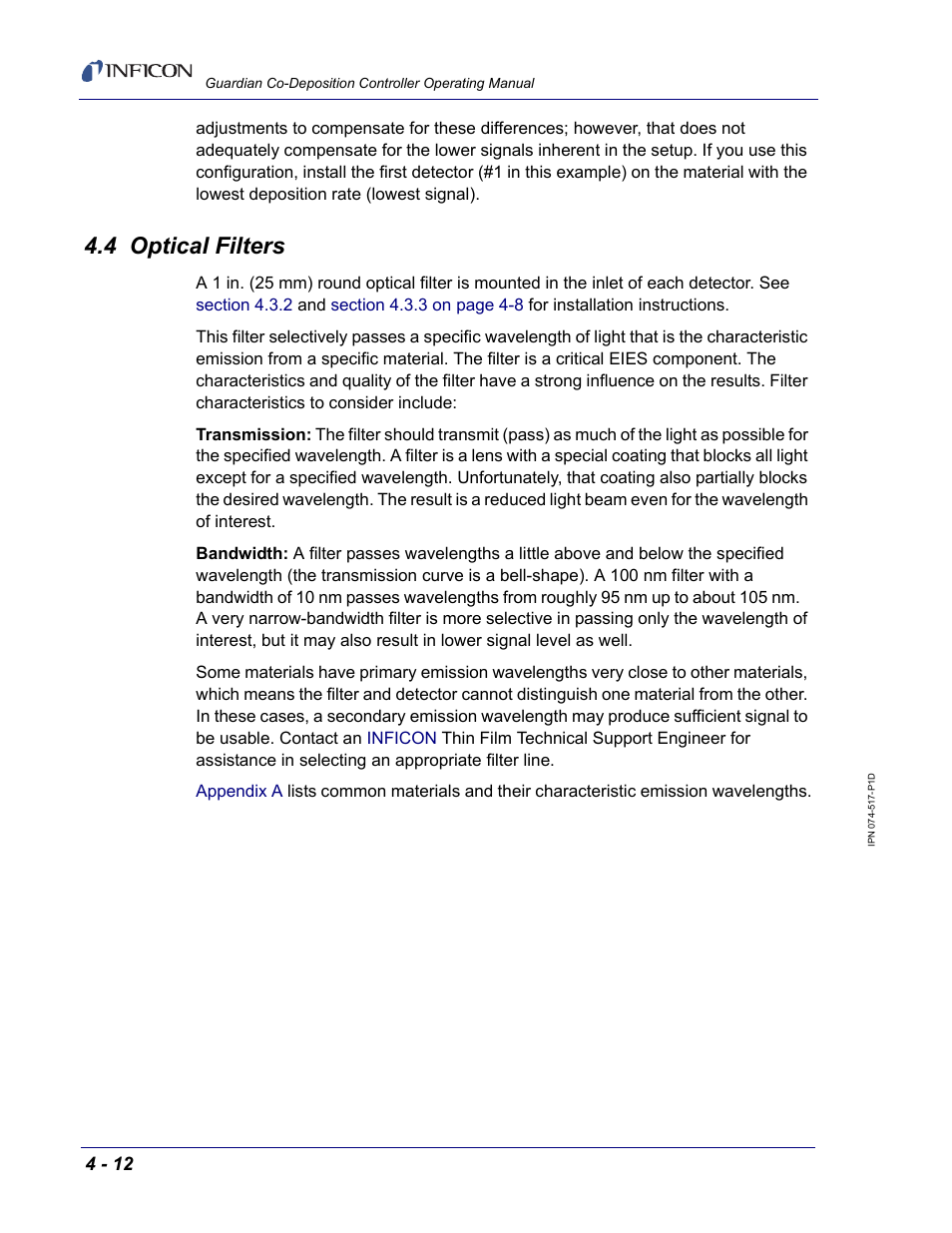 4 optical filters | INFICON Guardian EIES Controller User Manual | Page 104 / 160