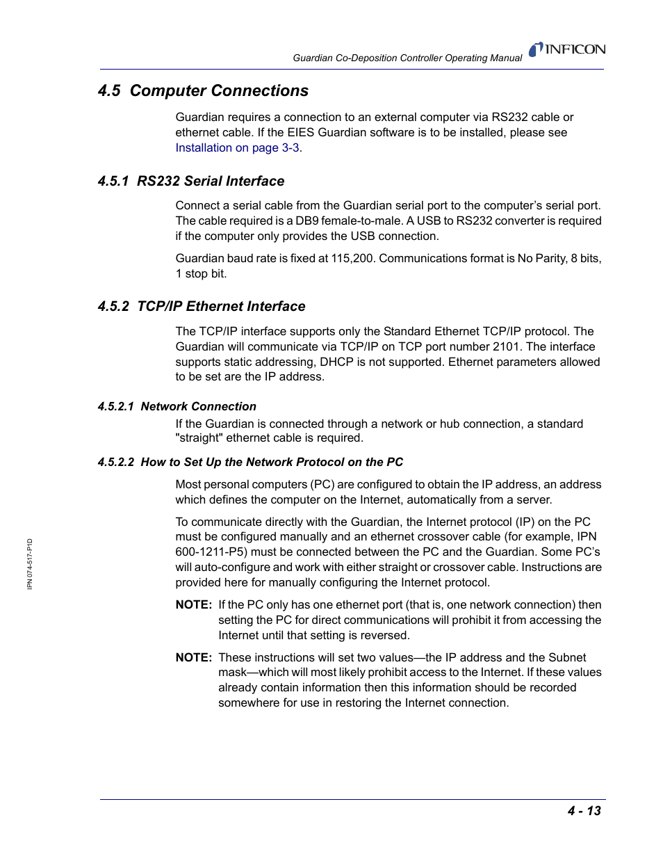 5 computer connections, 1 rs232 serial interface, 2 tcp/ip ethernet interface | 1 network connection, 2 how to set up the network protocol on the pc | INFICON Guardian EIES Controller User Manual | Page 105 / 160