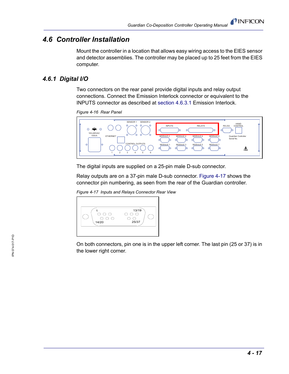 6 controller installation, 1 digital i/o, Guardian co-deposition controller operating manual | Figure 4-16 rear panel, Figure 4-17 inputs and relays connector rear view | INFICON Guardian EIES Controller User Manual | Page 109 / 160