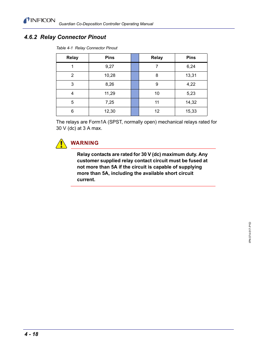 2 relay connector pinout, Warning | INFICON Guardian EIES Controller User Manual | Page 110 / 160