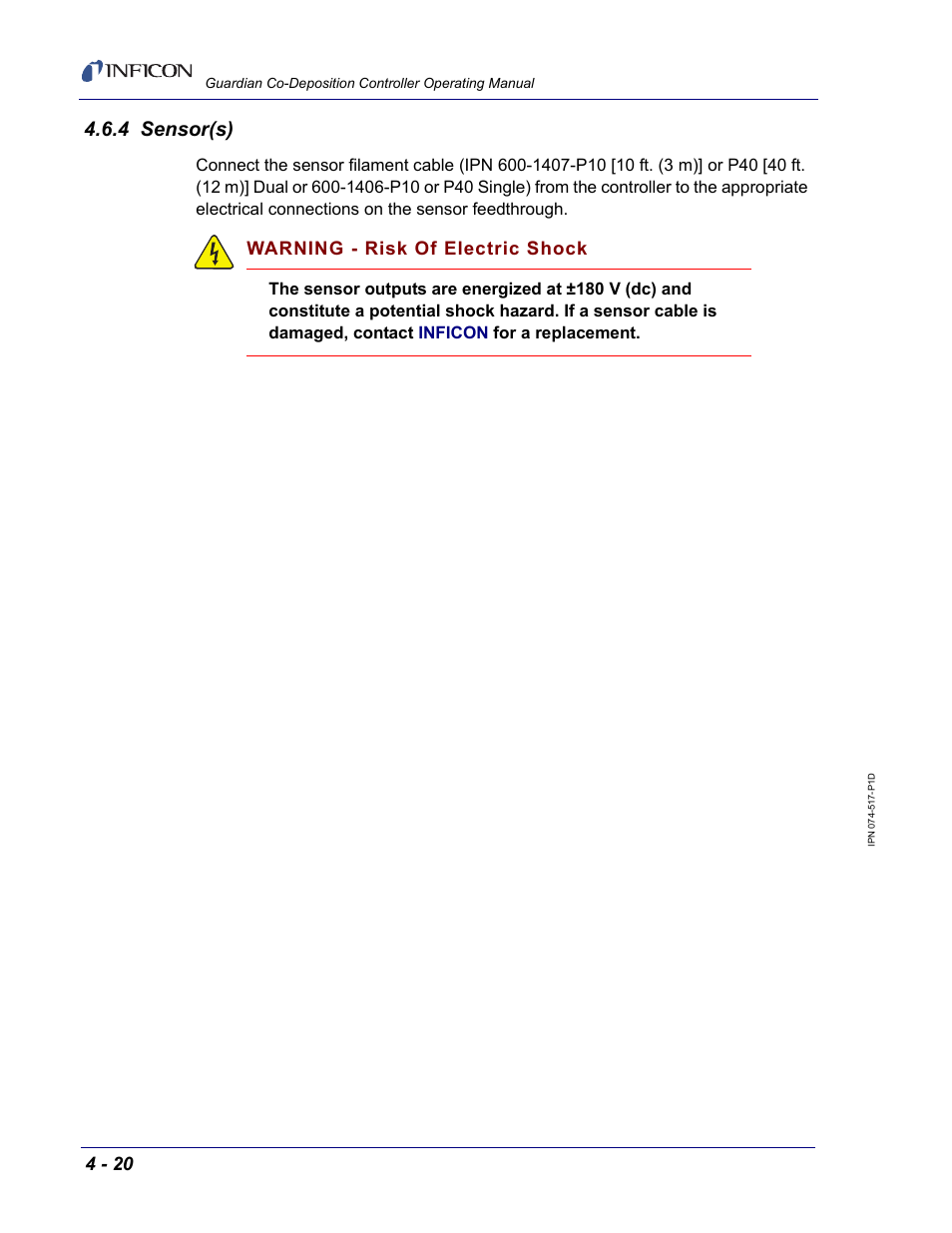 4 sensor(s), Warning - risk of electric shock | INFICON Guardian EIES Controller User Manual | Page 112 / 160