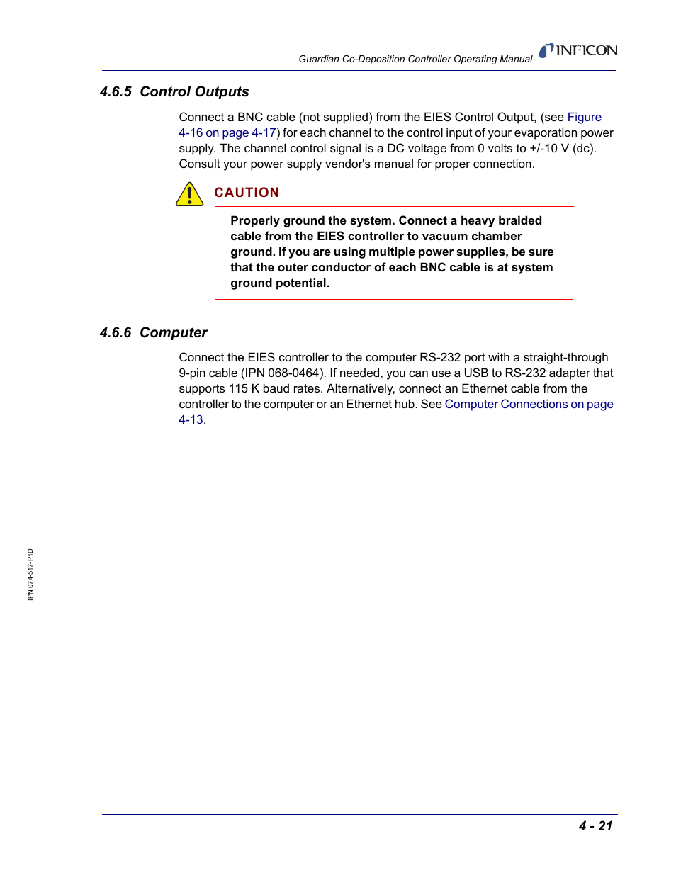 5 control outputs, 6 computer | INFICON Guardian EIES Controller User Manual | Page 113 / 160