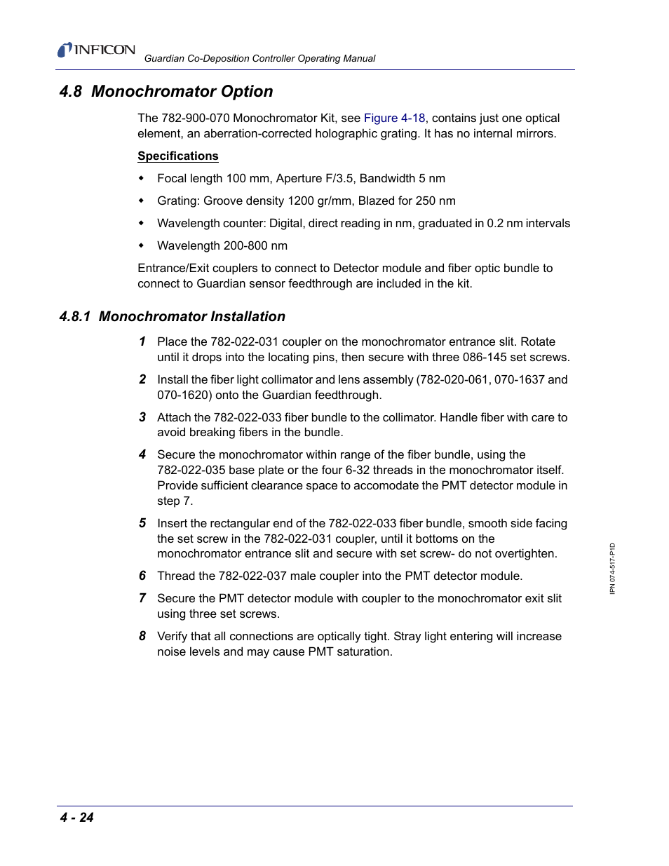 8 monochromator option, 1 monochromator installation | INFICON Guardian EIES Controller User Manual | Page 116 / 160
