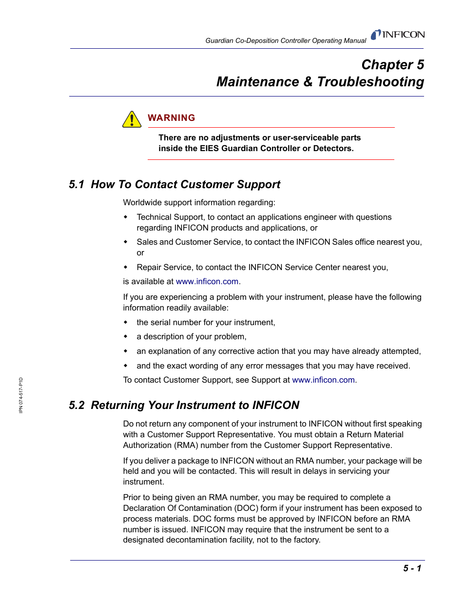 Chapter 5 maintenance & troubleshooting, 1 how to contact customer support, 2 returning your instrument to inficon | Chapter 5 | INFICON Guardian EIES Controller User Manual | Page 119 / 160