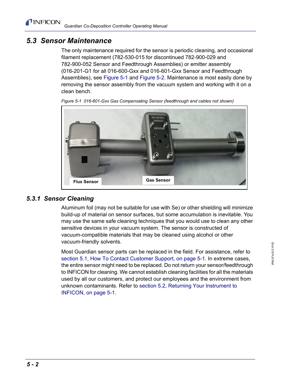 3 sensor maintenance, 1 sensor cleaning, Section 5.3, sensor | INFICON Guardian EIES Controller User Manual | Page 120 / 160