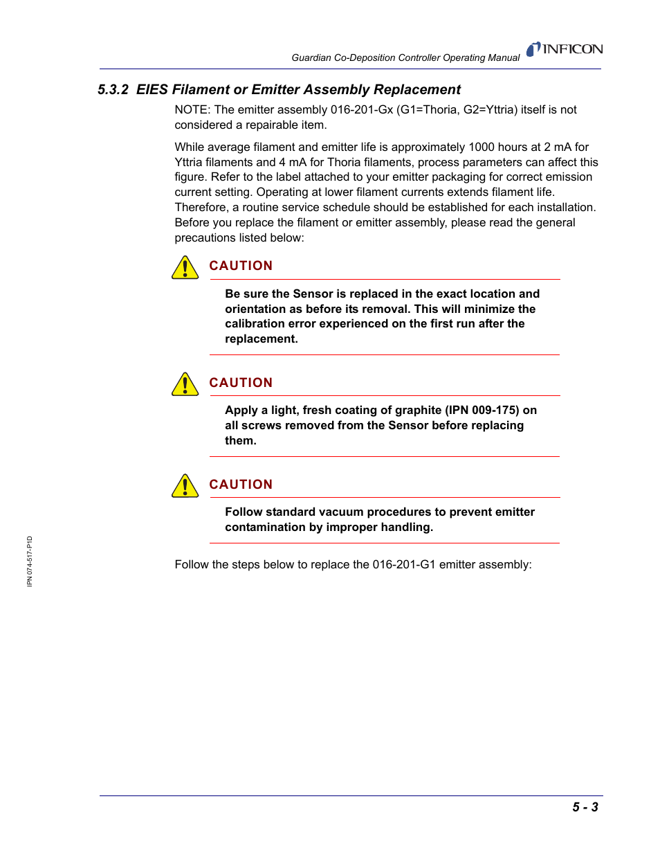 2 eies filament or emitter assembly replacement, Caution | INFICON Guardian EIES Controller User Manual | Page 121 / 160