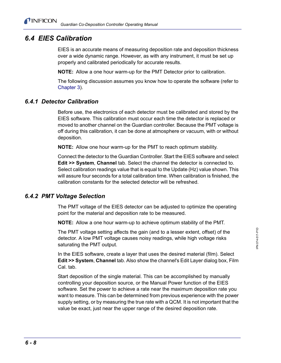 4 eies calibration, 1 detector calibration, 2 pmt voltage selection | INFICON Guardian EIES Controller User Manual | Page 132 / 160