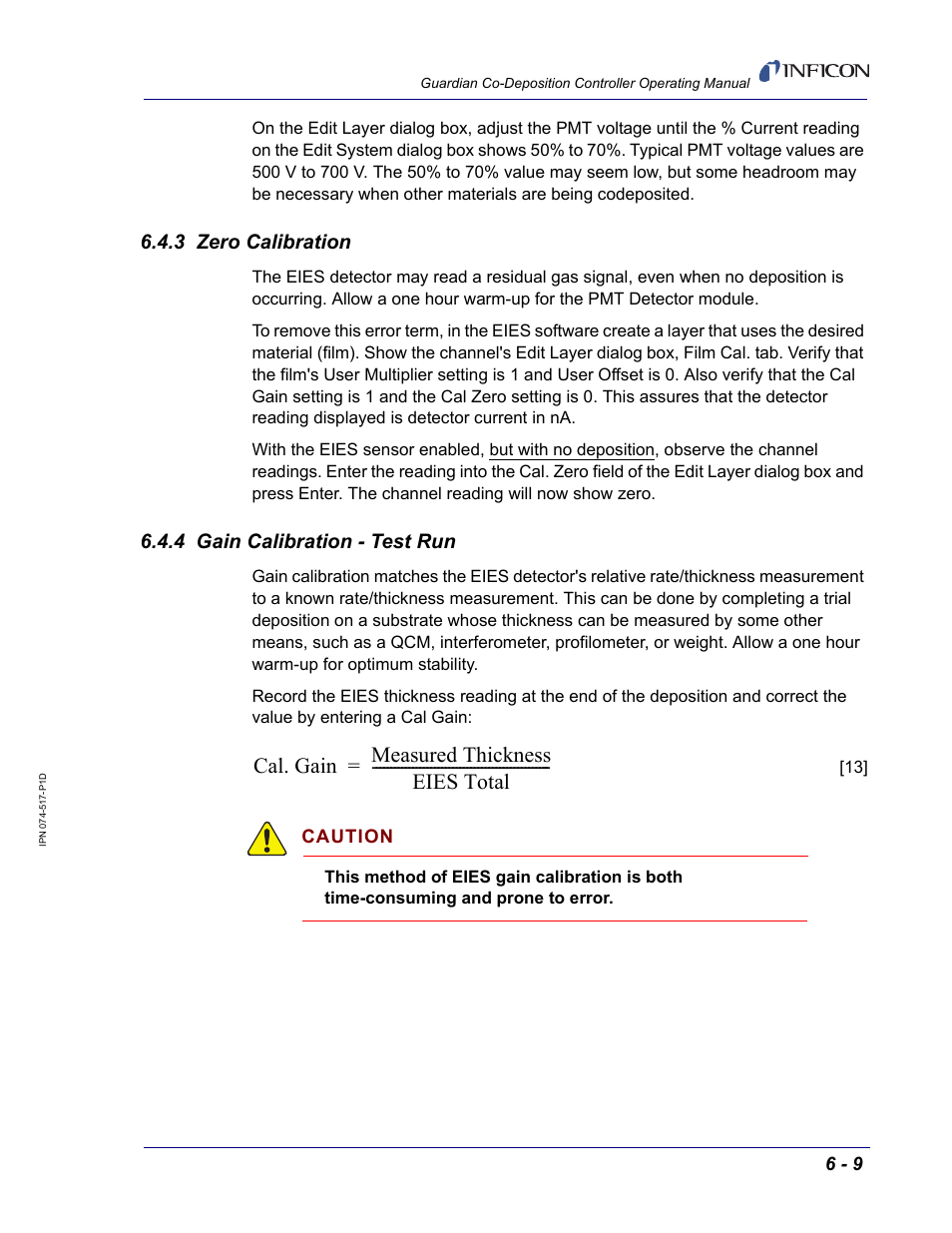 3 zero calibration, 4 gain calibration - test run, Cal. gain measured thickness eies total | INFICON Guardian EIES Controller User Manual | Page 133 / 160