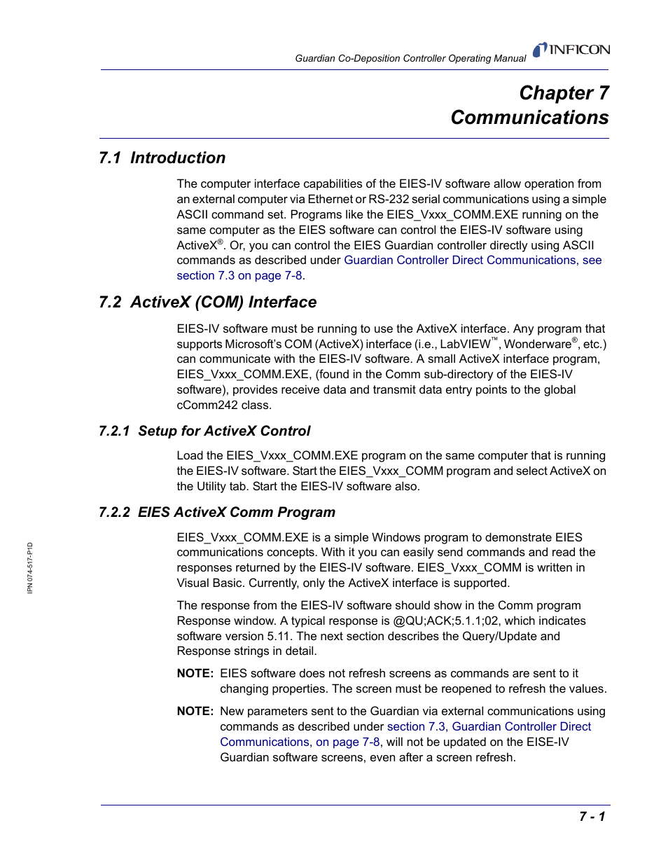 Chapter 7 communications, 1 introduction, 2 activex (com) interface | 1 setup for activex control, 2 eies activex comm program, Chapter 7, 2 eies activex, Comm program | INFICON Guardian EIES Controller User Manual | Page 139 / 160