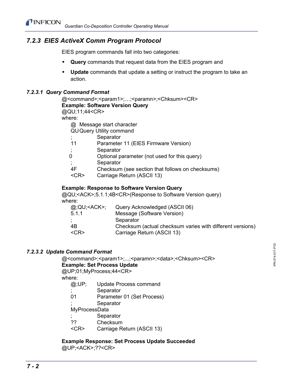 3 eies activex comm program protocol, 1 query command format, 2 update command format | INFICON Guardian EIES Controller User Manual | Page 140 / 160