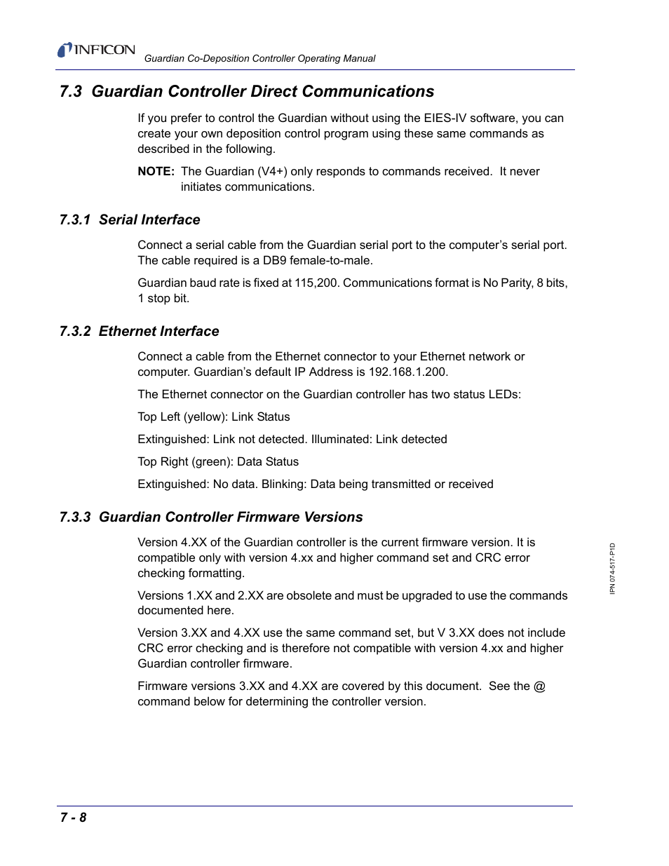 3 guardian controller direct communications, 1 serial interface, 2 ethernet interface | 3 guardian controller firmware versions, Section 7.3, guardian controller direct, Guardian controller direct communications, see, Will not be | INFICON Guardian EIES Controller User Manual | Page 146 / 160