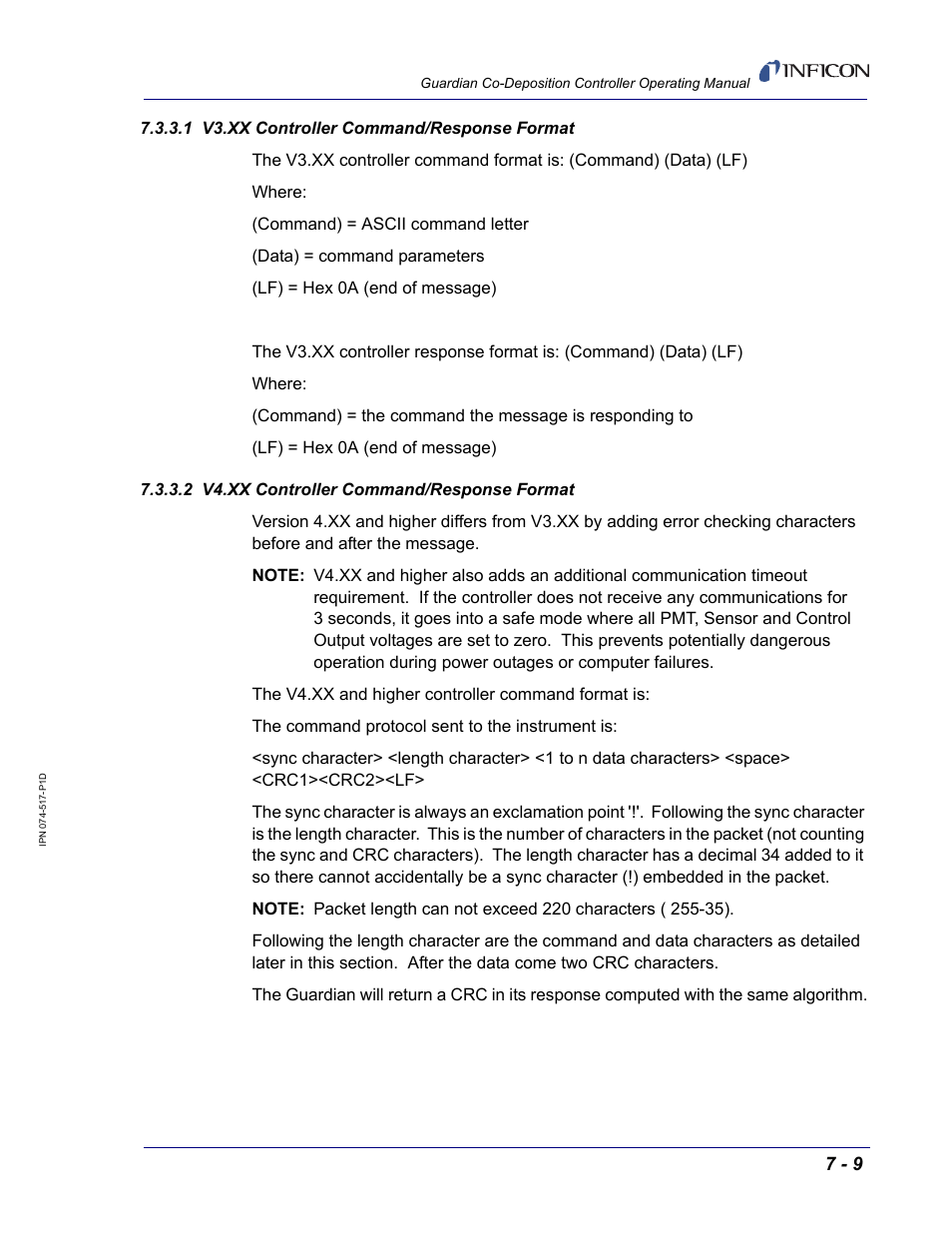 1 v3.xx controller command/response format, 2 v4.xx controller command/response format | INFICON Guardian EIES Controller User Manual | Page 147 / 160